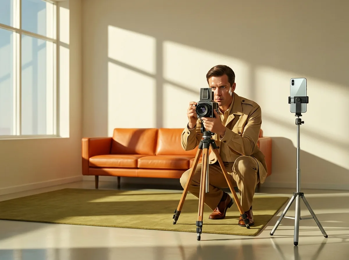 Painting of a 1970s photographer in a tan safari jacket behind a medium-format camera on a tripod, photographing a sunlit living room with an orange sofa, a modern smartphone on a small tripod beside him