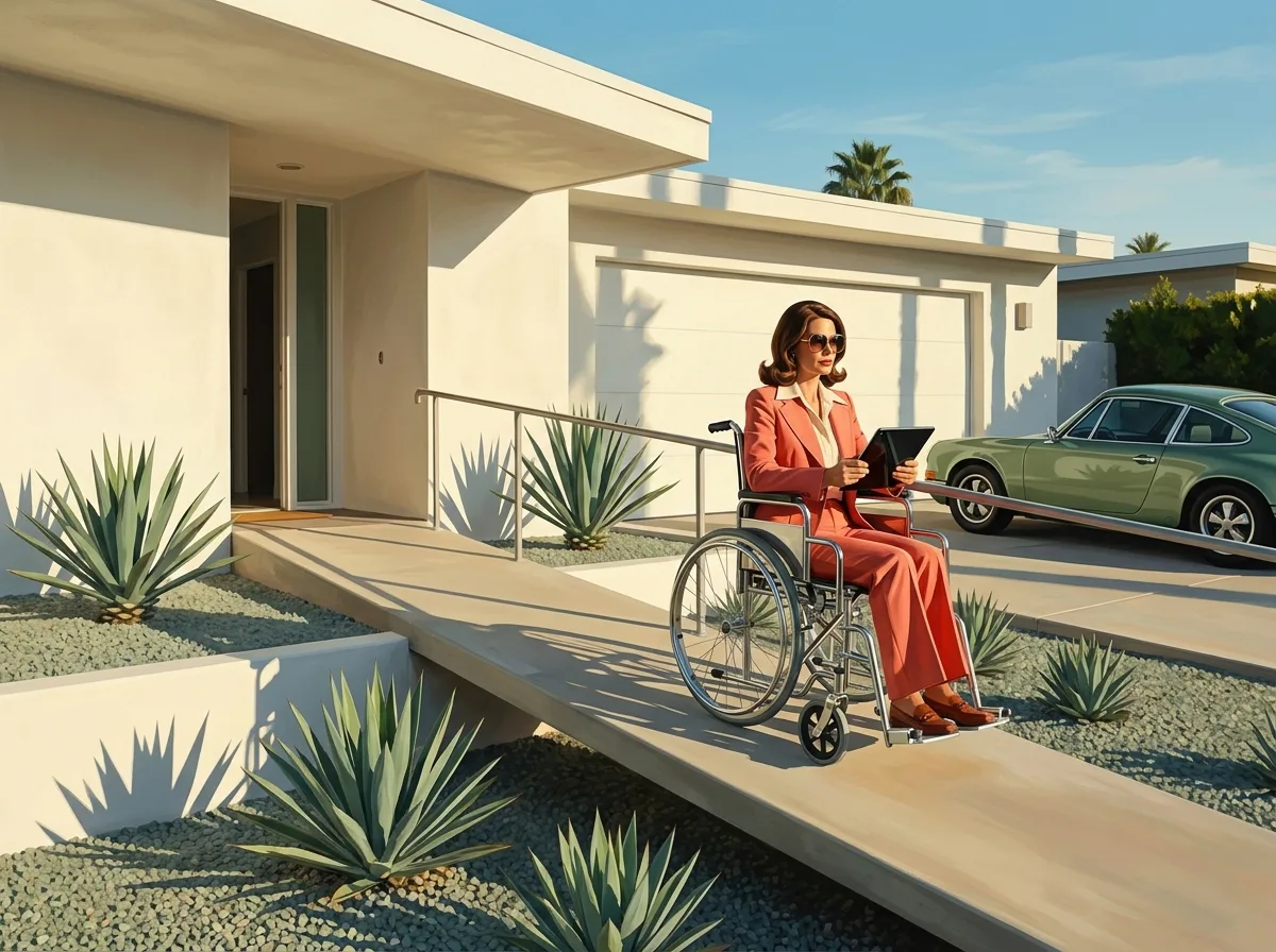 Painting of a woman in a 1970s coral pantsuit moving up a long gentle concrete ramp to a white modernist house in a sleek modern wheelchair, steel handrail and agave plants in raking golden light