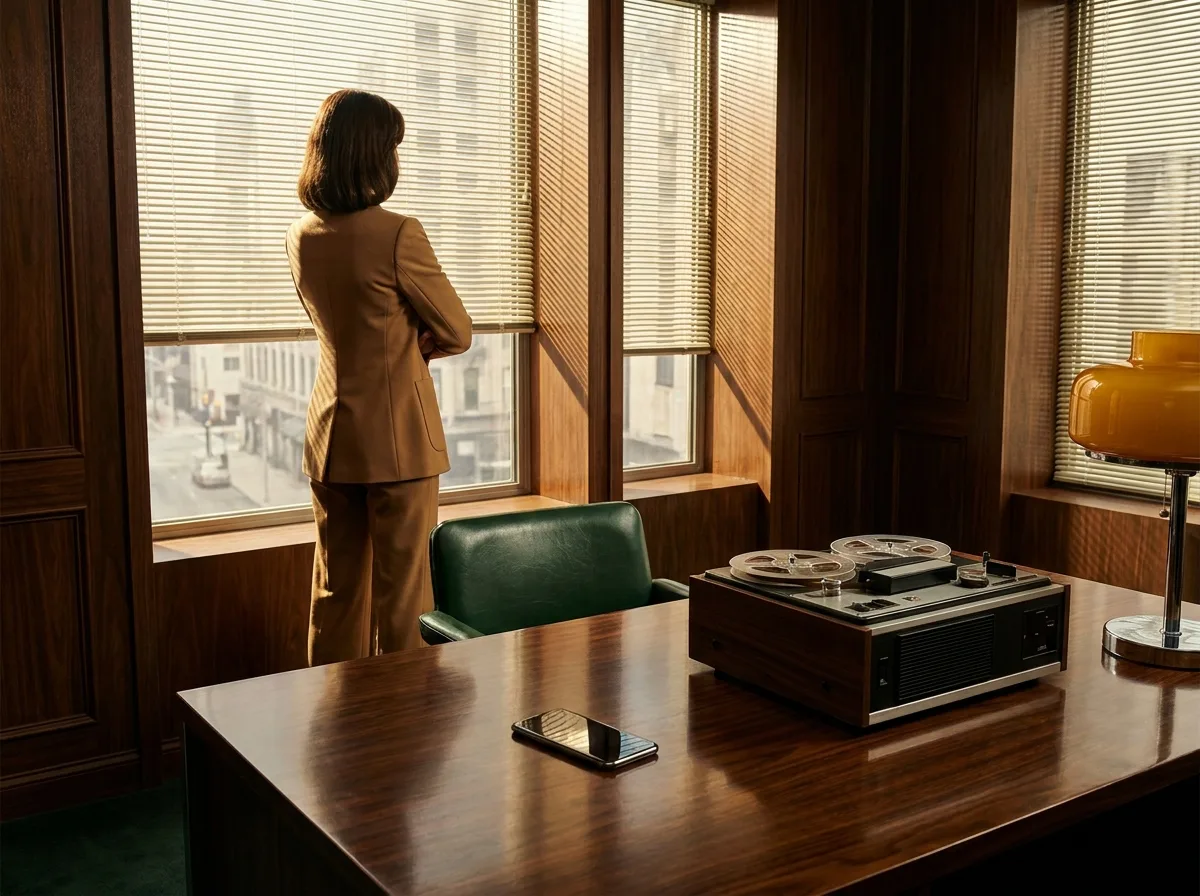 Painting of a 1970s law office with dark walnut paneling, a reel-to-reel tape recorder on a polished desk beside a modern smartphone lying face down, a woman lawyer in a camel suit at the window