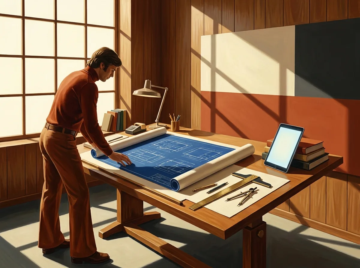 Painting of an architect in a rust-colored turtleneck leaning over a blank blueprint house plan on a drafting table in a sunlit 1970s studio, brass drafting tools and a modern tablet at the corner