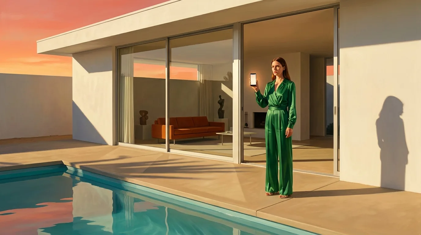 Painting of a woman in a 1970s emerald silk jumpsuit in the doorway of a white modernist desert house at golden hour, holding a glowing modern smartphone, a turquoise pool in front