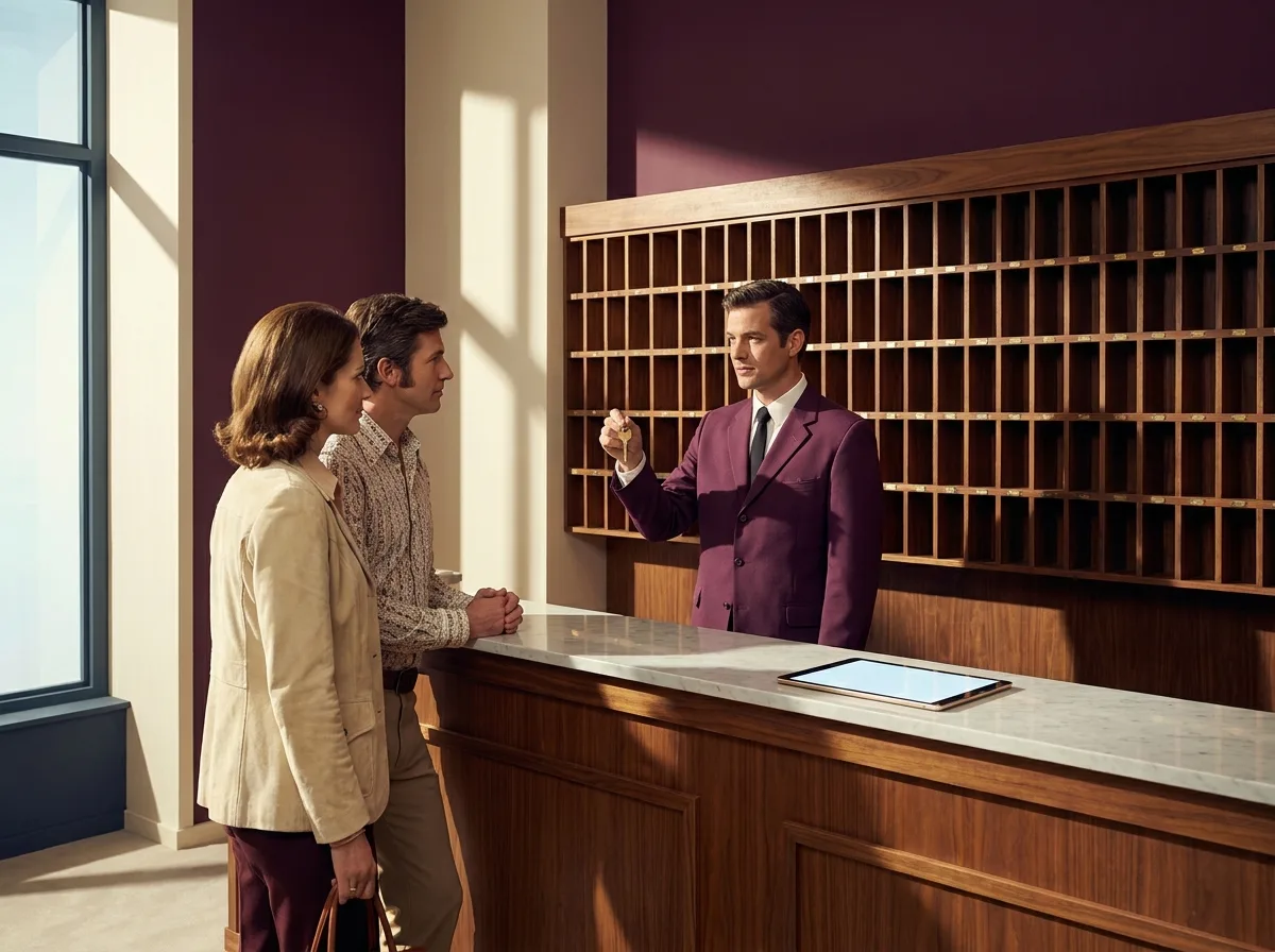 Painting of a concierge in a plum jacket holding up one brass key in front of a wall of wooden key cubbyholes while a couple waits at a 1970s hotel desk