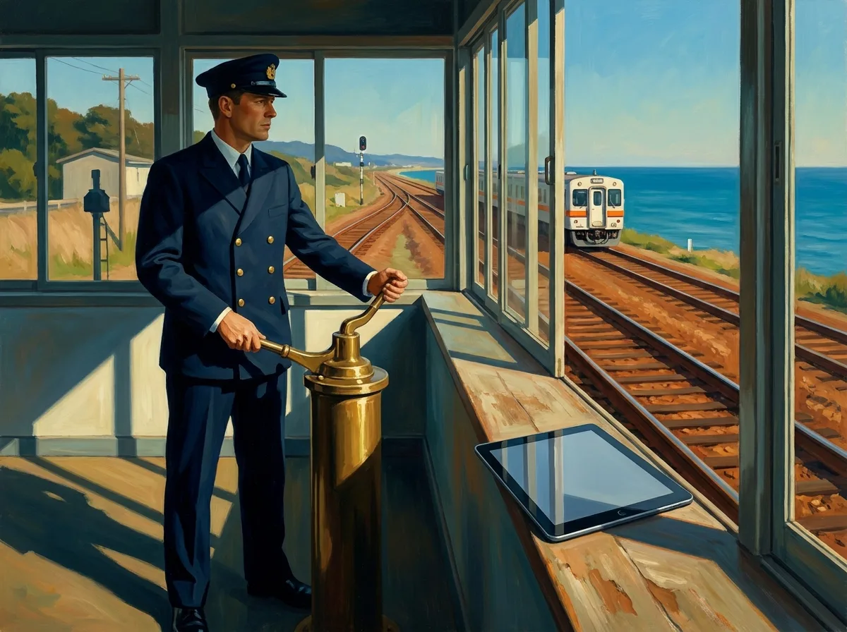 Painting of a railway signalman in a navy uniform pulling a brass lever in a glass signal cabin as a white train approaches along a sunny coast