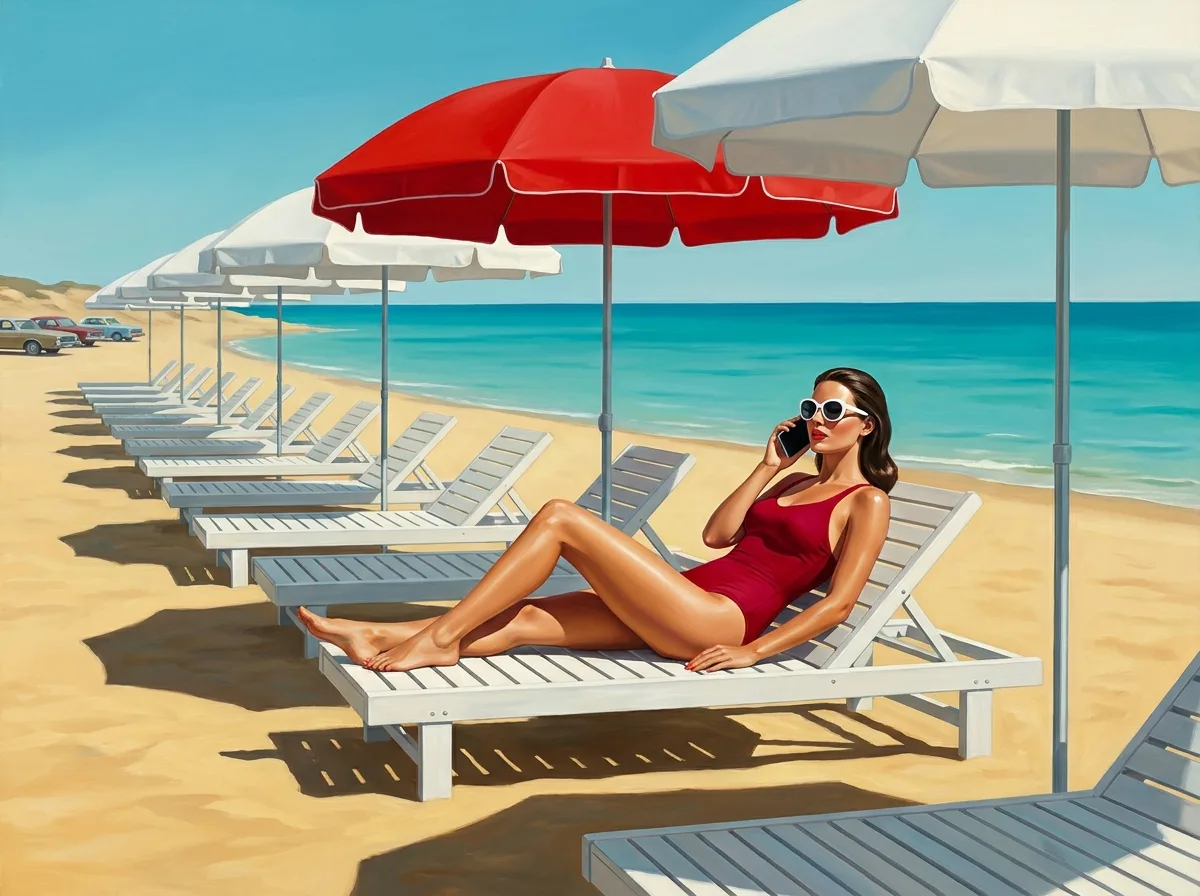 Painting of one red beach umbrella in a long row of white umbrellas, with a woman in a red swimsuit on a lounger beneath it talking on a smartphone