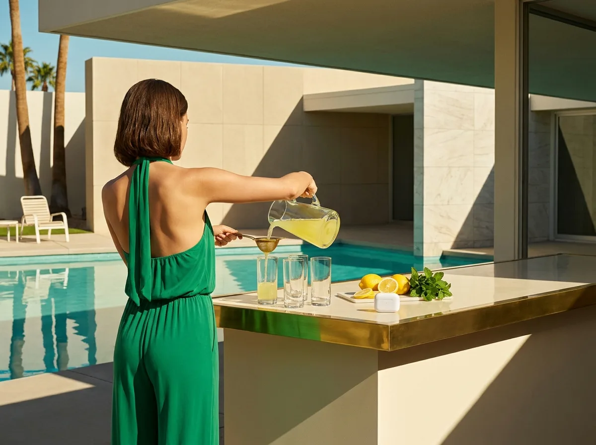 Painting of a woman in an emerald 1970s jumpsuit pouring lemonade through a brass strainer into a row of glasses at a poolside bar