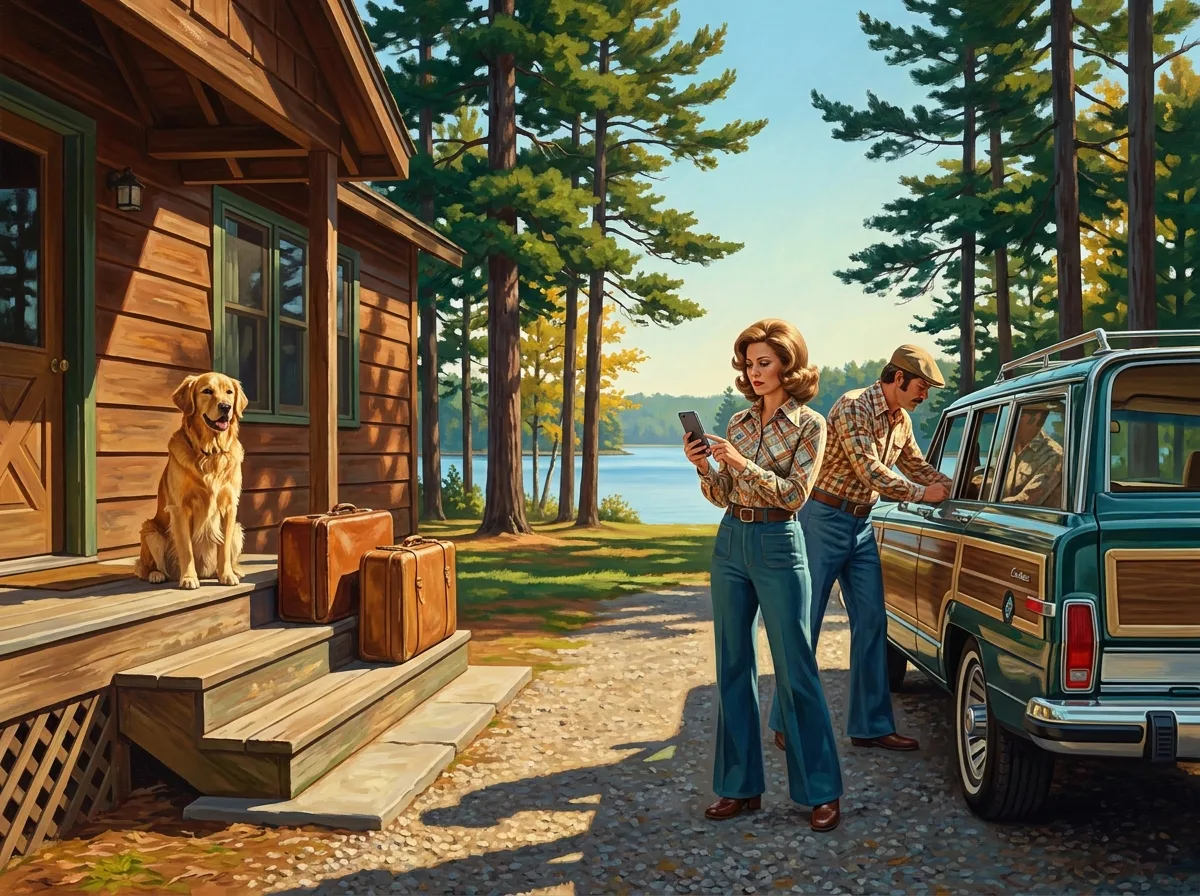 Painting of a golden retriever sitting on the steps of a cedar lake cabin beside two leather suitcases while a couple unloads a wood-paneled station wagon