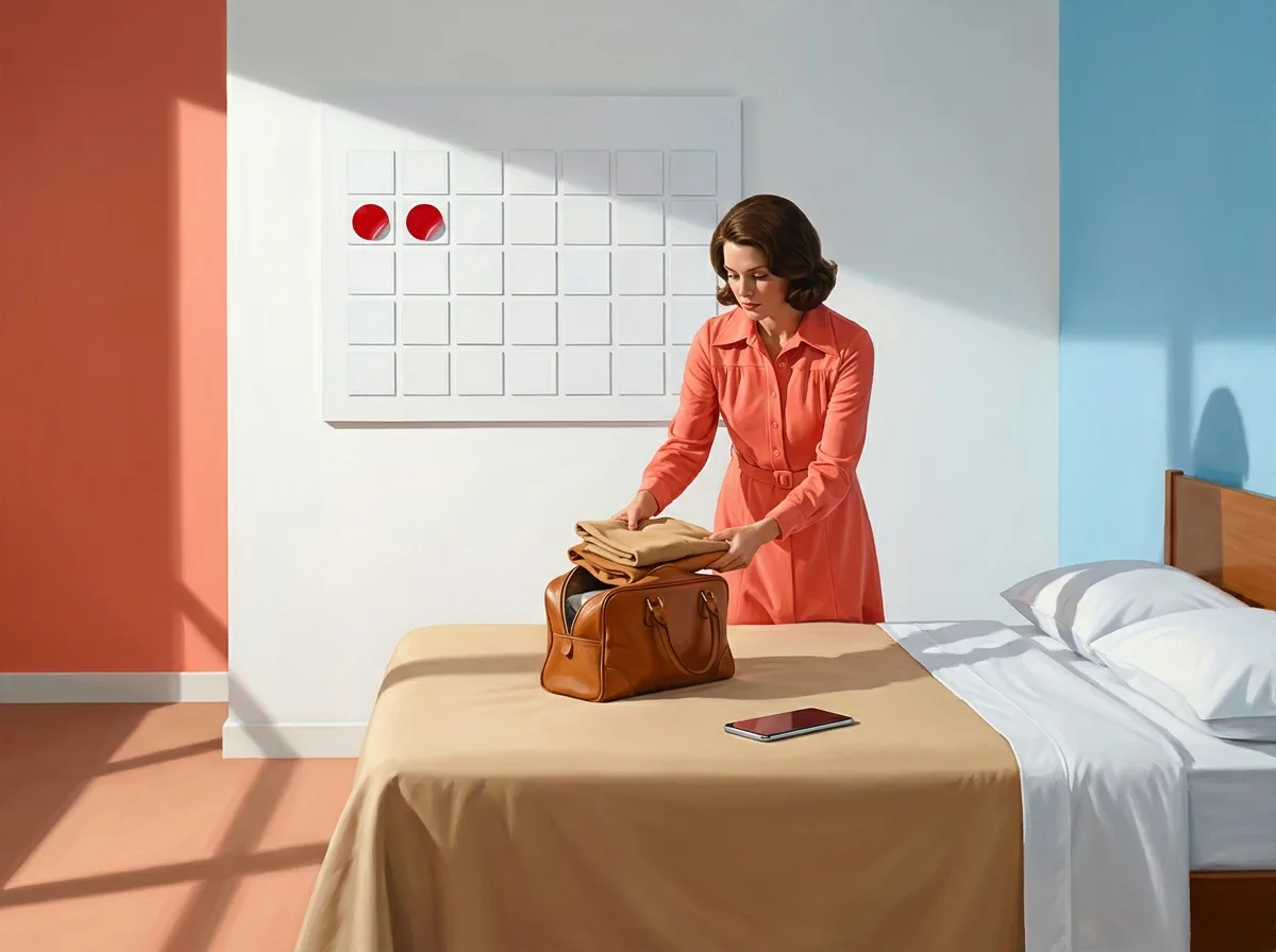Painting of a woman in a coral 1970s dress packing a small weekend bag on a bed beneath a wall calendar of blank squares with two red stickers