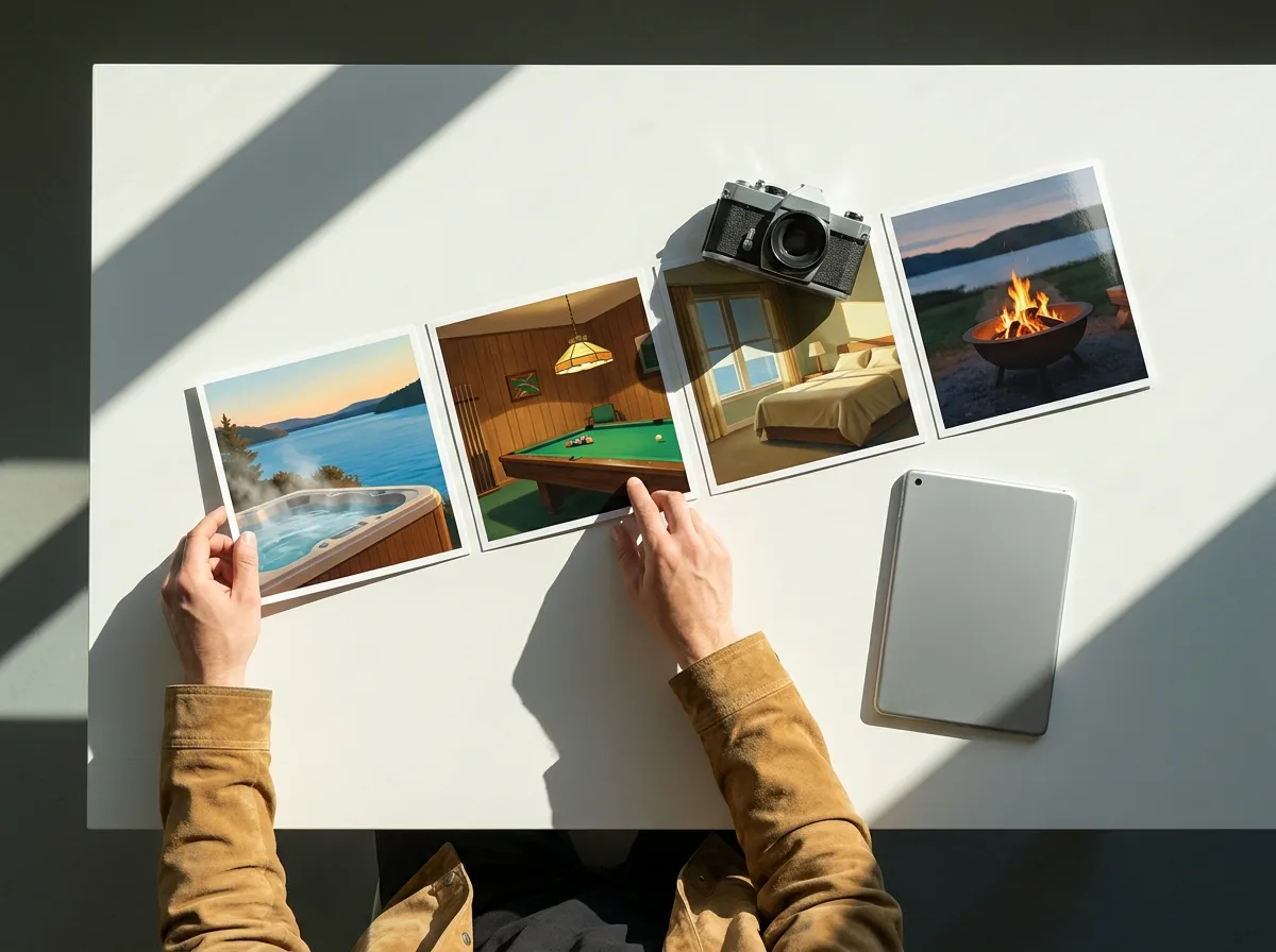 Painting seen from above of hands laying out photo prints of a hot tub by a lake, a pool table, a bedroom and a fire pit beside a camera and a tablet