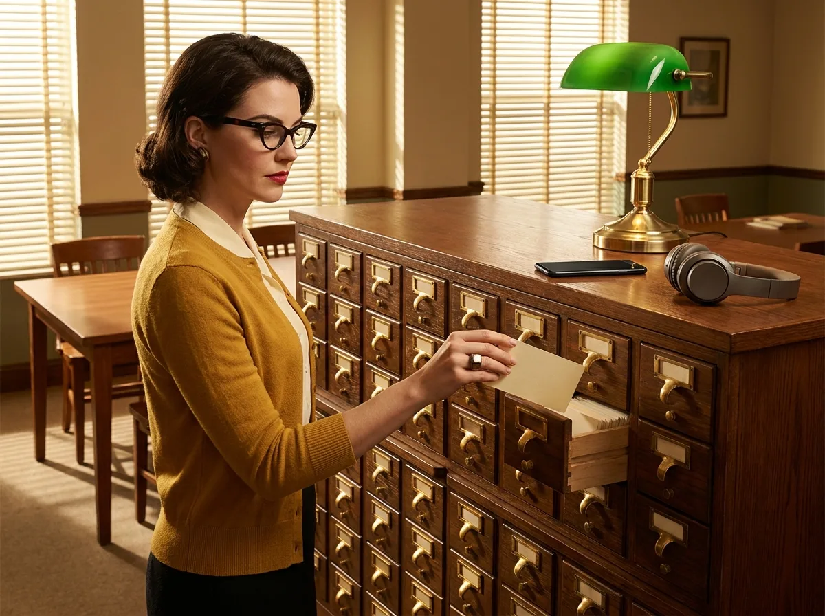 Painting of a librarian in a mustard cardigan and cat-eye glasses filing a blank card in a wooden card catalog with brass handles under a green lamp