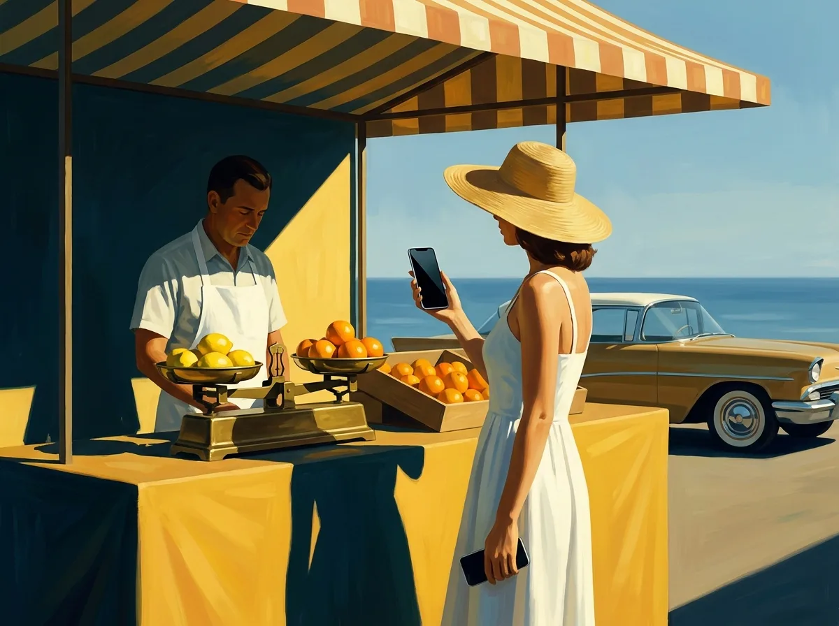 Painting of a market vendor weighing lemons on a brass scale for a woman in a white sundress and straw hat who holds a smartphone