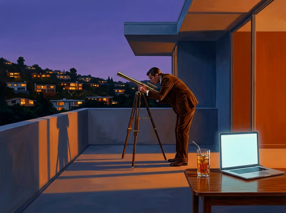 Painting of a man in a brown corduroy 1970s suit looking through a brass telescope from a balcony at dusk toward a hillside of lit houses, a laptop on the table
