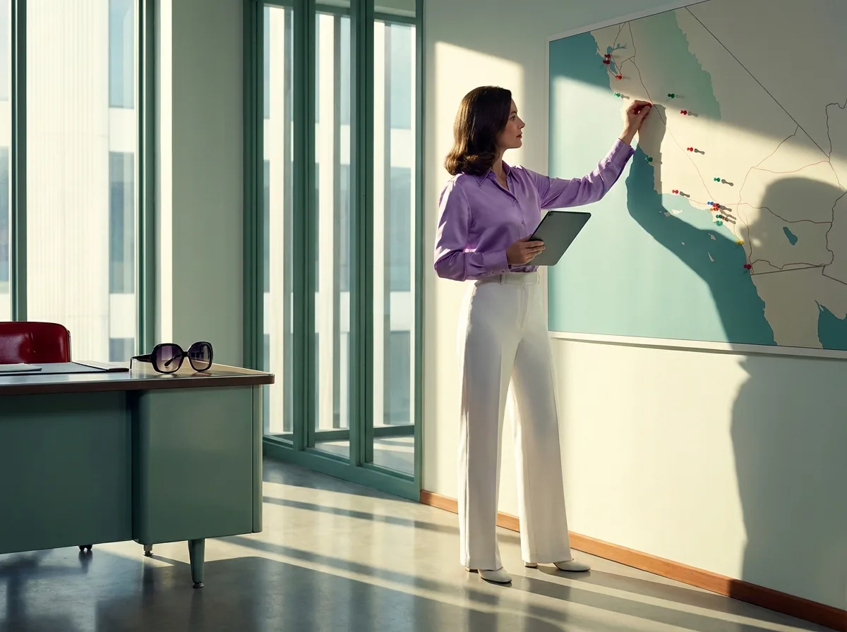 Painting of a woman in a lilac blouse pressing a red pin into a large wall map of a coastline in a sunlit office while holding a tablet