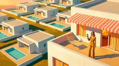Painting of a hillside of near-identical white villas with turquoise pools, one with a coral striped awning where a woman in a marigold 1970s suit stands on the terrace holding a smartphone