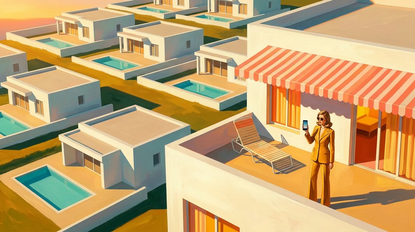 Painting of a hillside of near-identical white villas with turquoise pools, one with a coral striped awning where a woman in a marigold 1970s suit stands on the terrace holding a smartphone