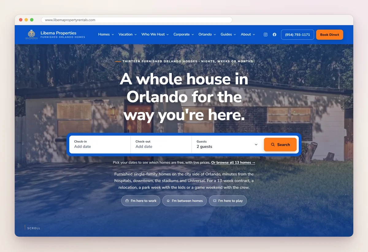 Libema Properties home page with the headline A whole house in Orlando for the way you're here, and a check-in, check-out and guests search box