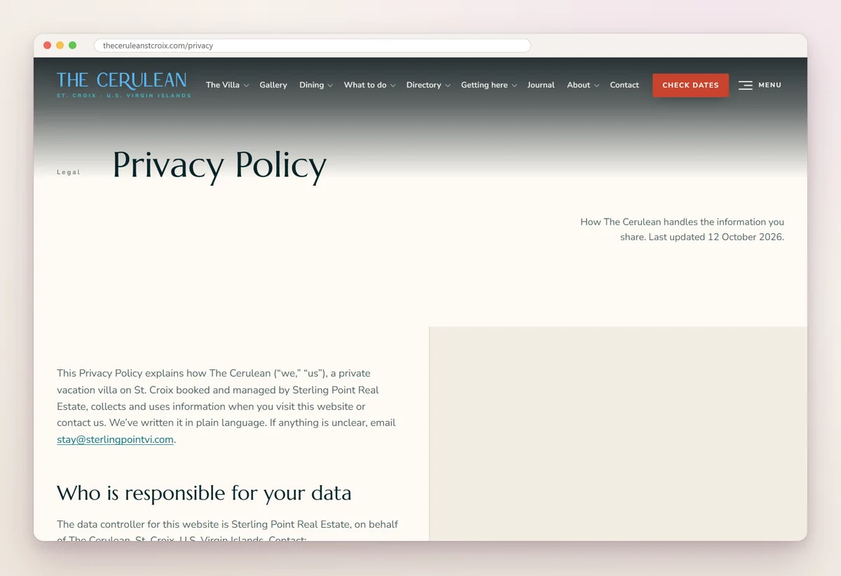 The Cerulean's privacy policy page, last updated 12 October 2026, opening with who is responsible for guest data