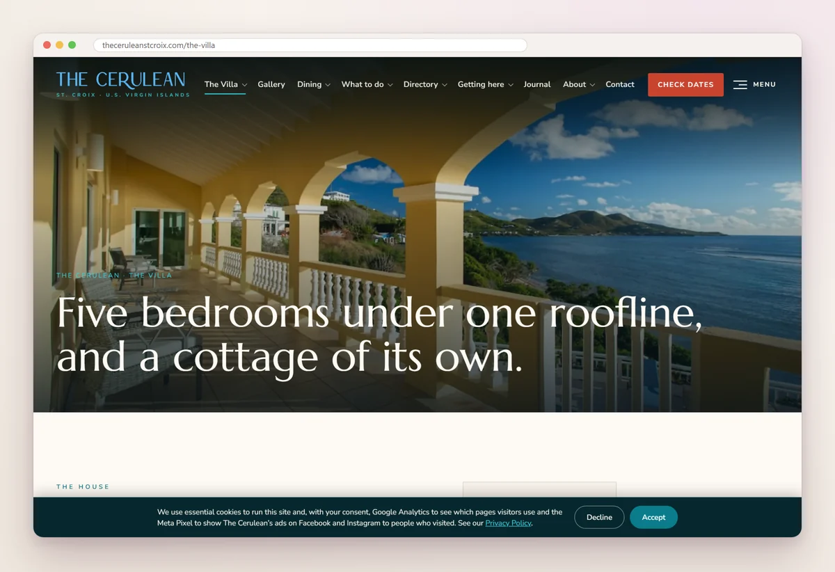 The Cerulean's villa page with a cookie banner along the bottom offering Decline and Accept buttons side by side