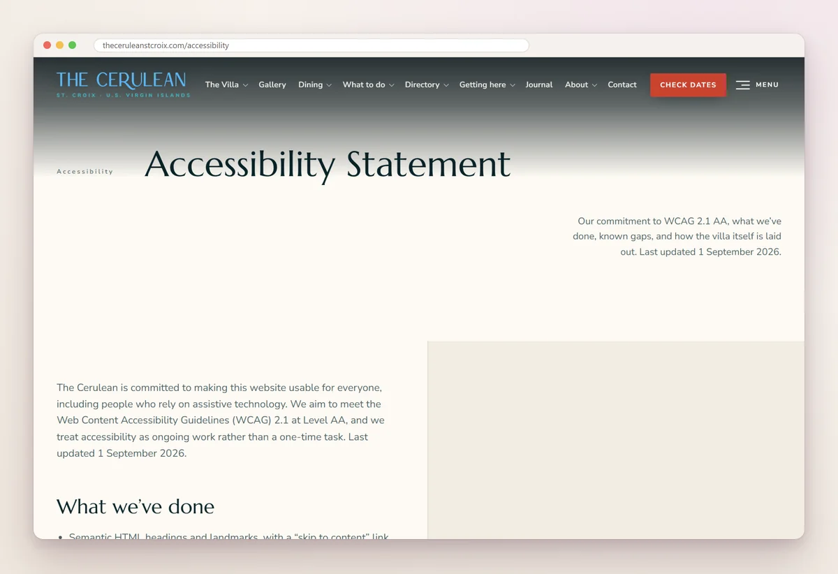 The Cerulean's accessibility statement page, committing to WCAG 2.1 AA, with a section headed What we've done