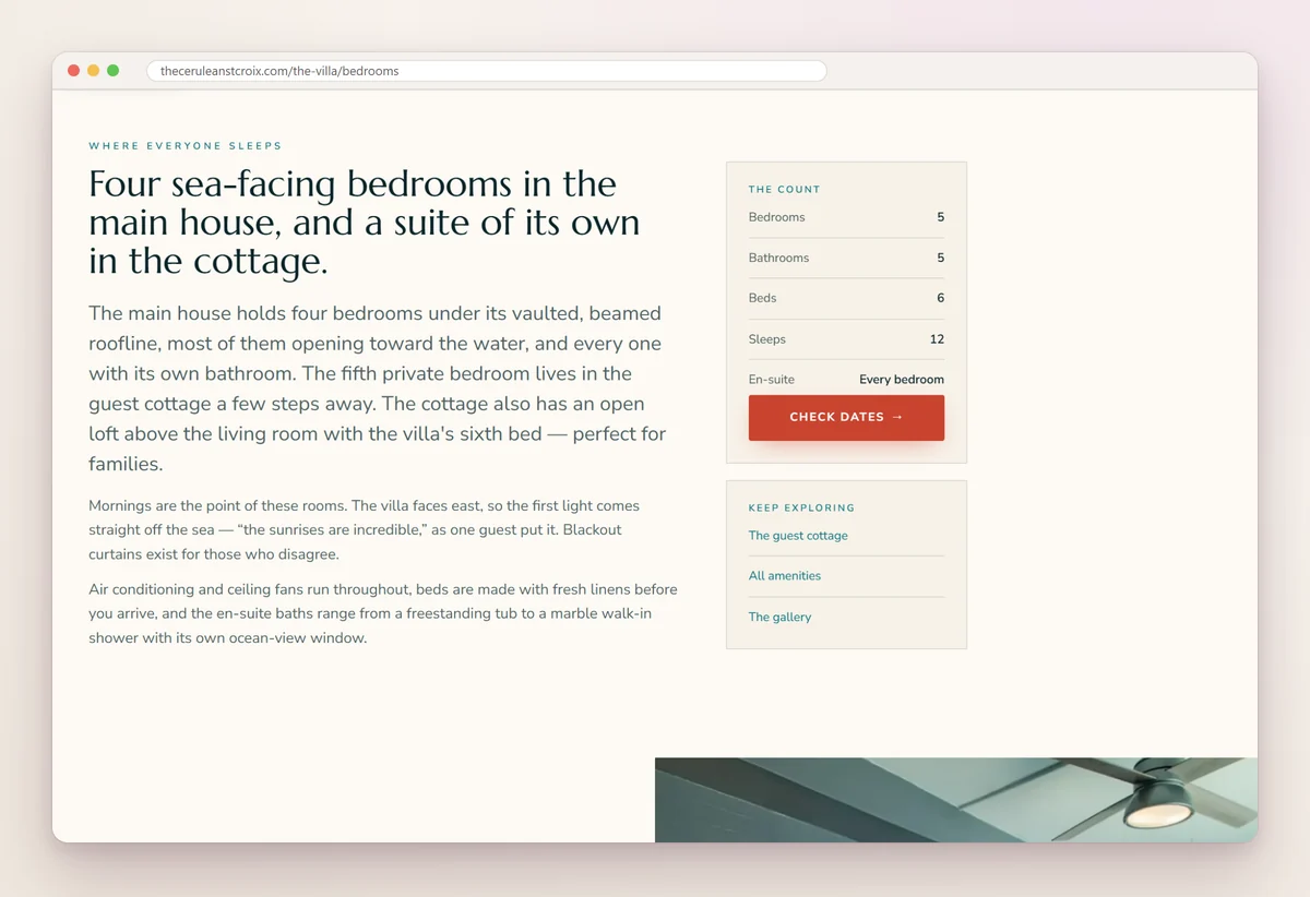The Cerulean's bedrooms page describing four sea-facing bedrooms and a cottage suite, beside a box listing 5 bedrooms, 5 bathrooms, 6 beds and 12 guests