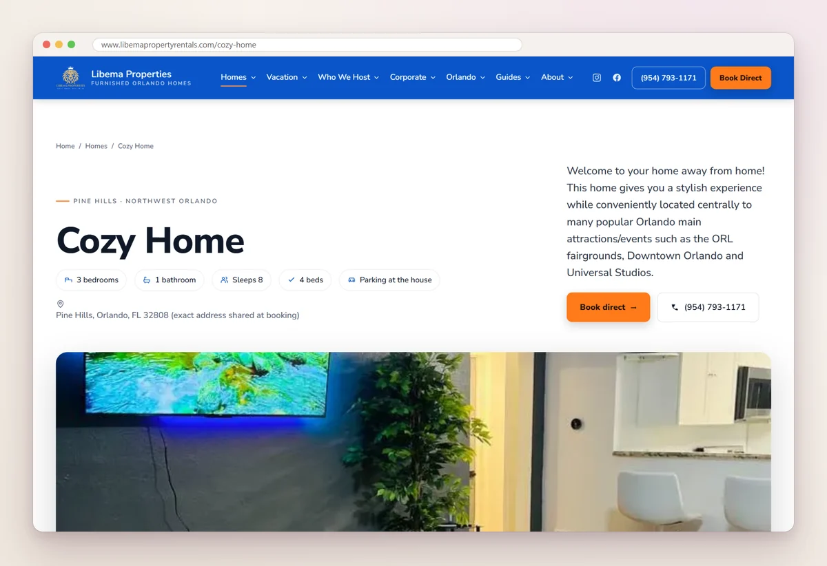 Libema Properties' Cozy Home page showing 3 bedrooms, 1 bathroom, sleeps 8 and parking, with a Book direct button and a phone number