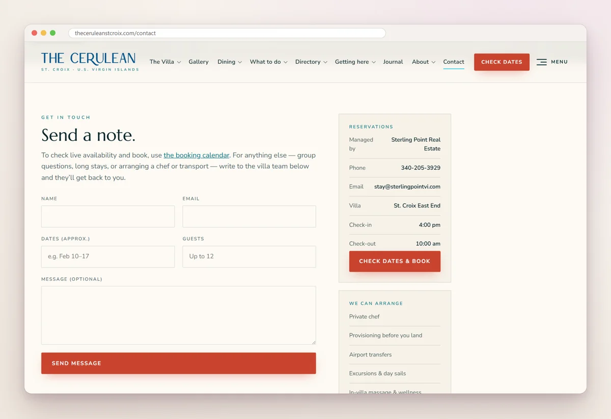The Cerulean's contact page with a form asking for name, email, approximate dates, guests and a message, beside a reservations box with phone, email and check-in times