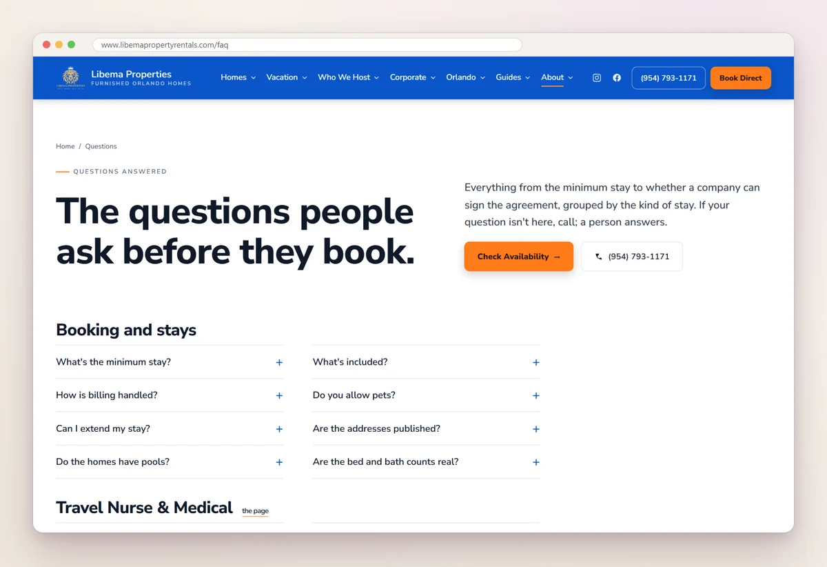 Libema Properties' questions page titled The questions people ask before they book, with grouped questions on minimum stay, billing, pets and pools