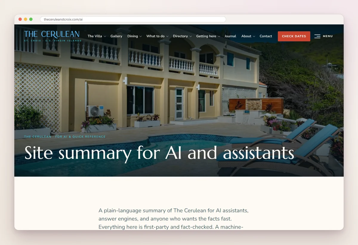 The Cerulean's site summary page for AI assistants, with a photo of the villa and its pool deck
