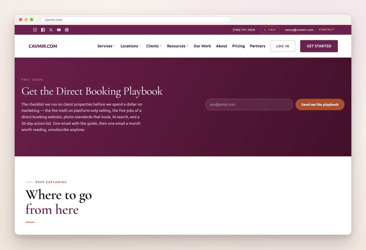 Cavmir's email sign-up band offering the Direct Booking Playbook, with an email field and a Send me the playbook button
