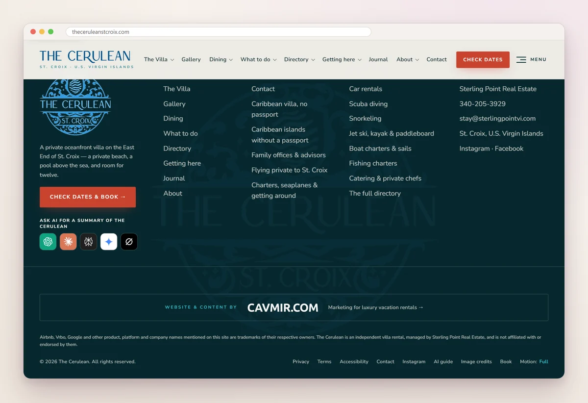 The Cerulean's footer with links to the main pages, contact details, Ask AI buttons, a Cavmir credit band, a trademark line and links to privacy, terms, accessibility and image credits
