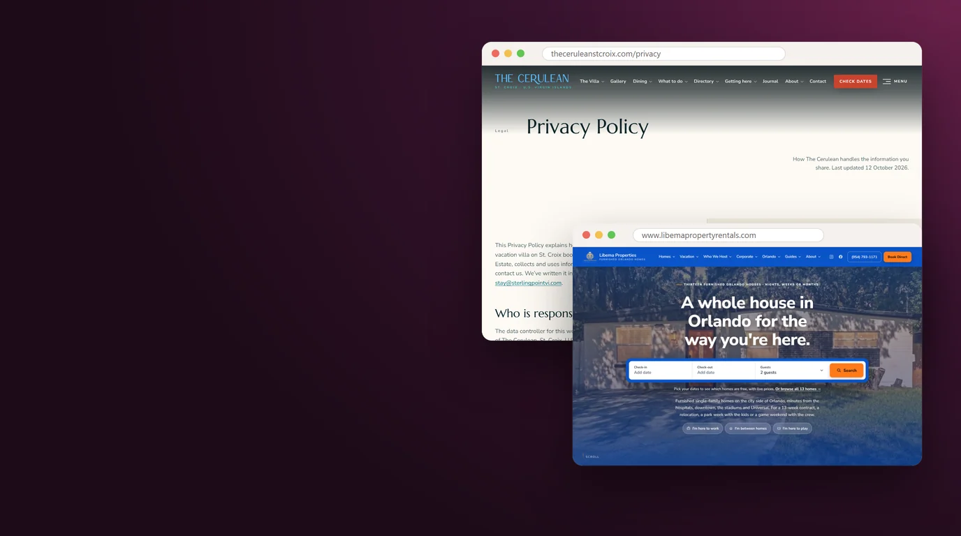 The Cerulean's privacy policy page open in a browser window, with Libema Properties' home page and its date search in a second window in front, on a plum background