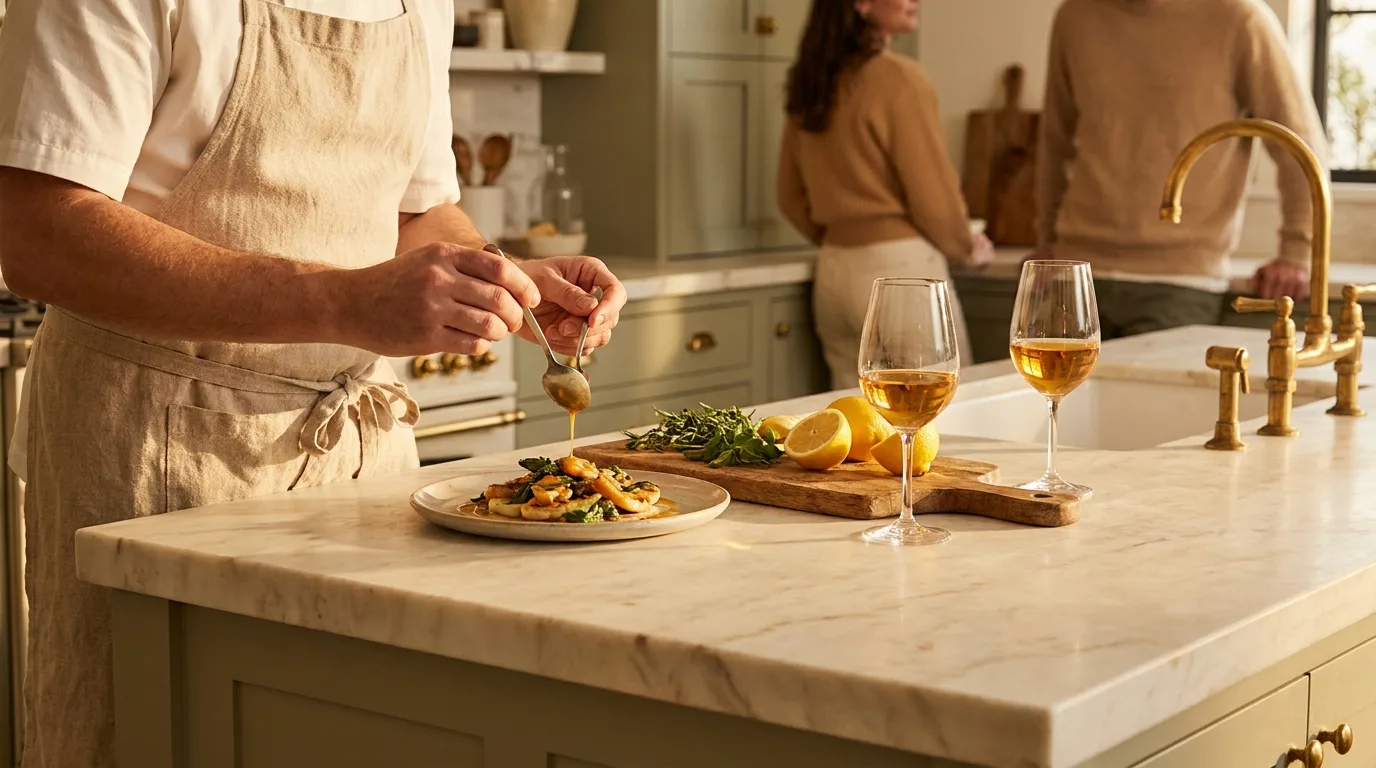 A private chef plating dinner on a marble island in a warmly lit vacation-rental kitchen at golden hour, guests gathering with glasses of wine softly blurred in the background