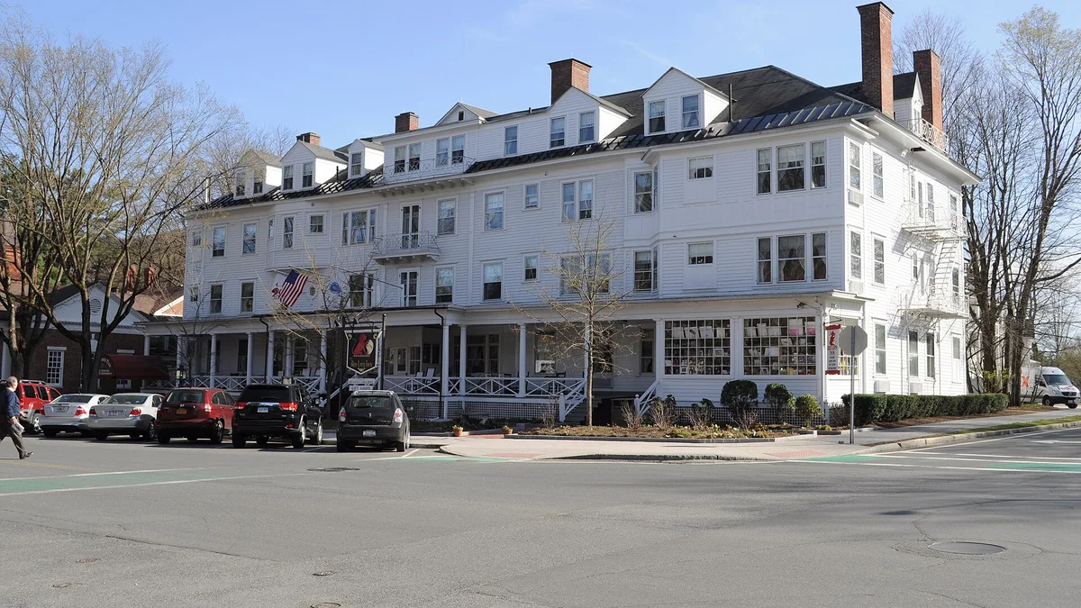 The Red Lion Inn, a historic white inn with a long front porch in Stockbridge, Massachusetts