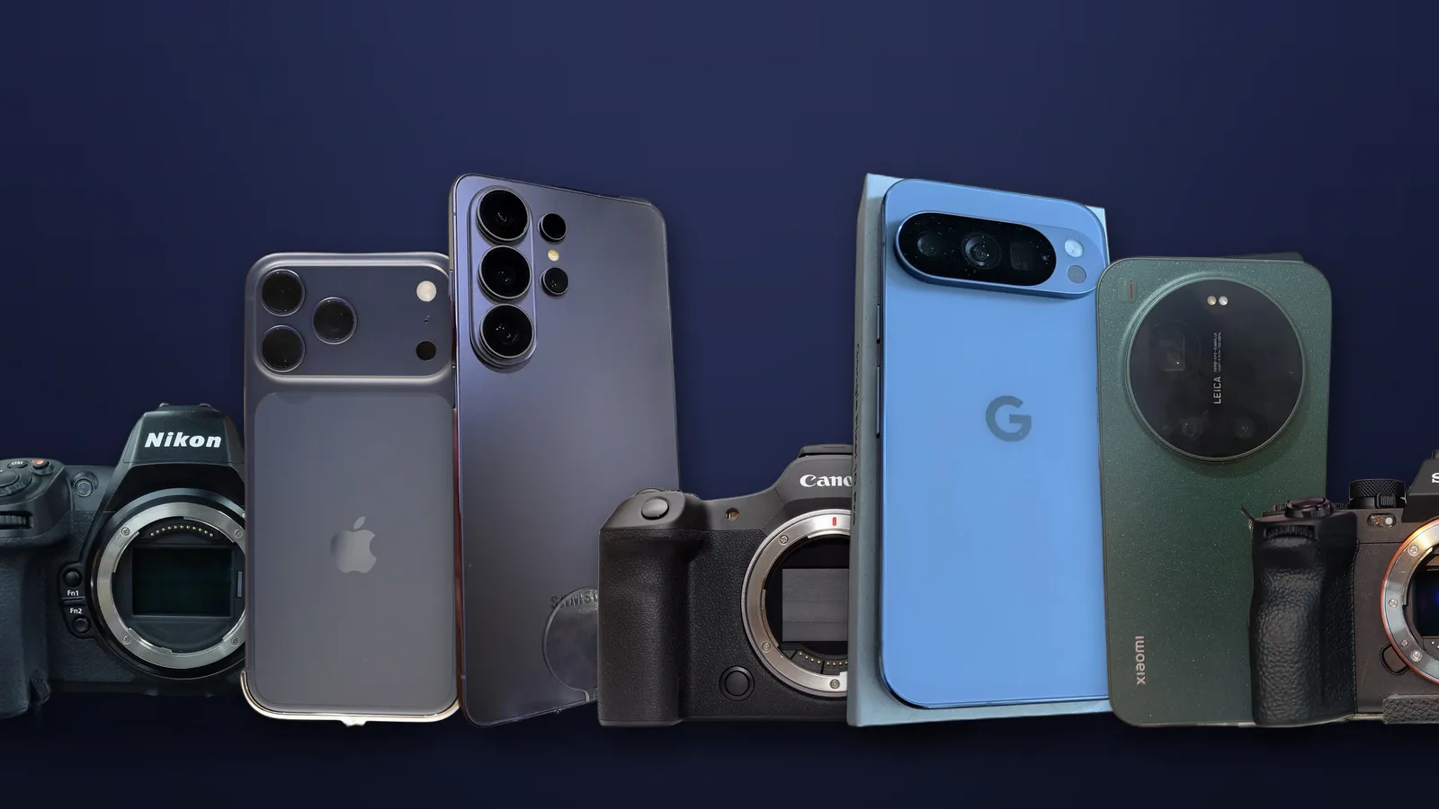 A lineup of the phones and professional cameras reviewed in this guide, shown against a dark stage