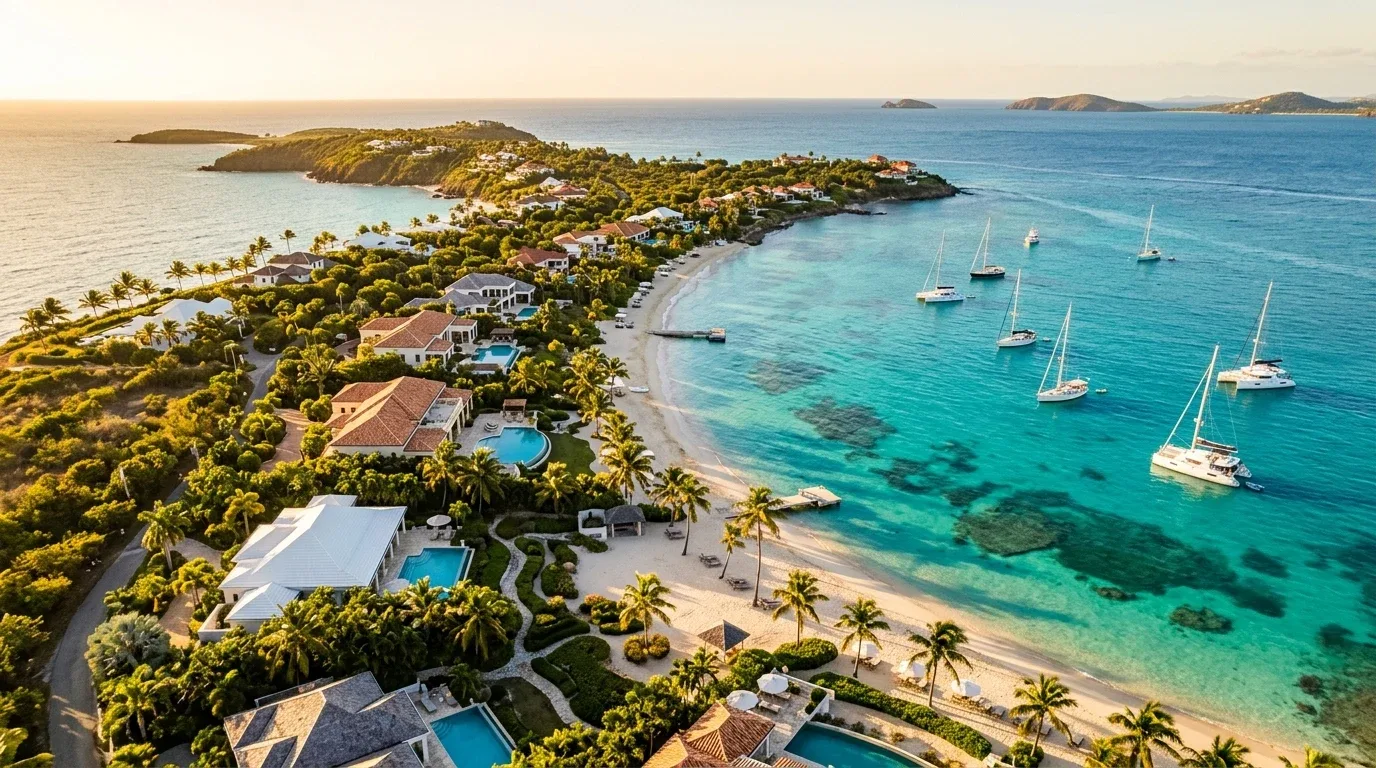 Aerial view of a Caribbean coastline with luxury villas and sailboats at golden hour