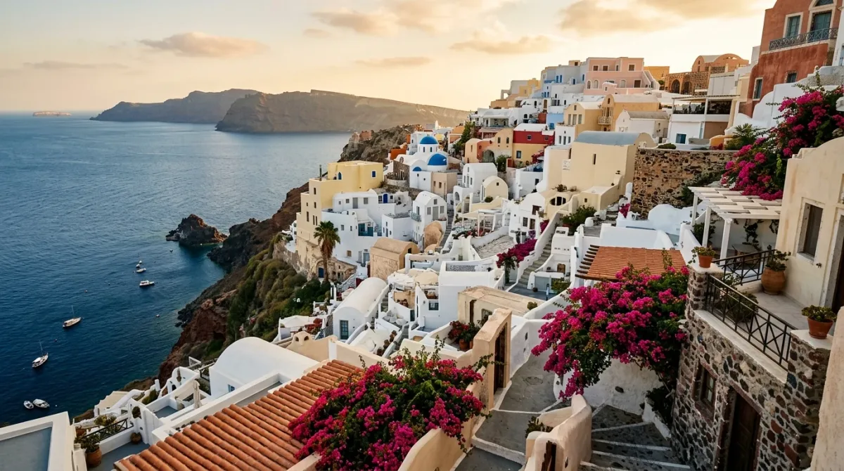 A whitewashed Mediterranean coastal town stepping down a hillside to the sea at golden hour