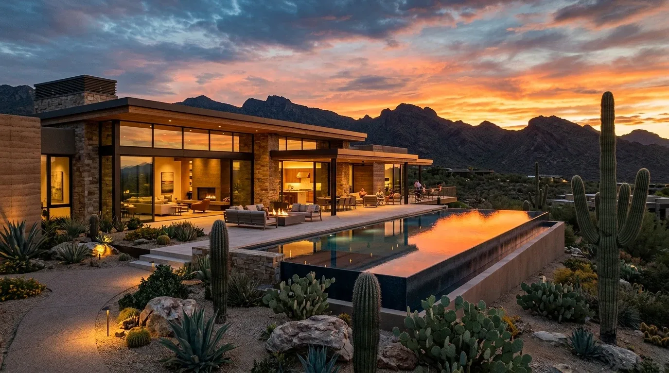 A desert luxury estate at sunset with an infinity pool reflecting the sky and mountains behind