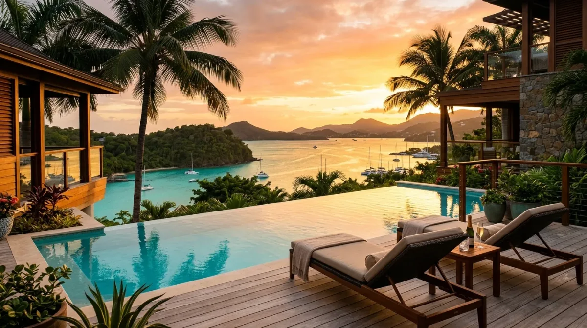 An infinity-pool villa terrace overlooking a turquoise bay at sunset with loungers and palms