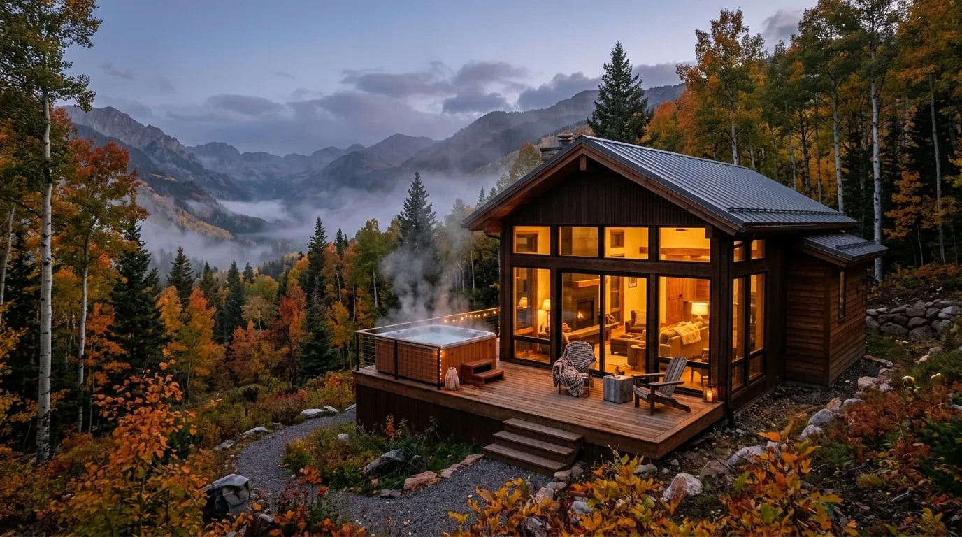 A renovated modern cabin at dusk with a steaming hot tub on the deck and autumn forest behind