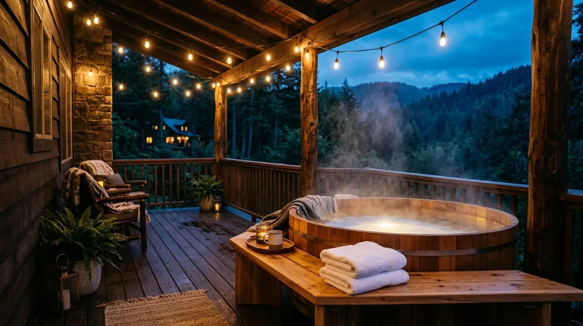 A cabin porch at dusk with a steaming hot tub and string lights over forested hills