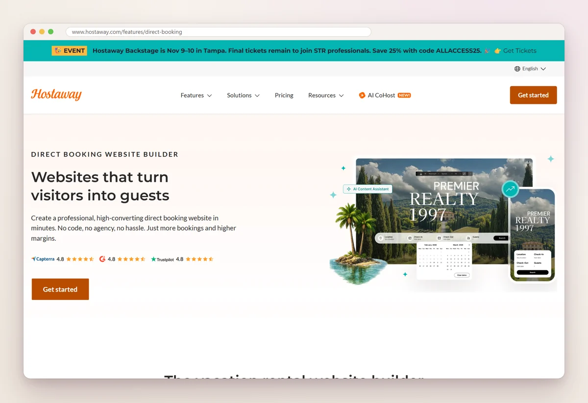 Hostaway's direct booking website builder page, headed Websites that turn visitors into guests, with a sample rental site on a laptop and a phone