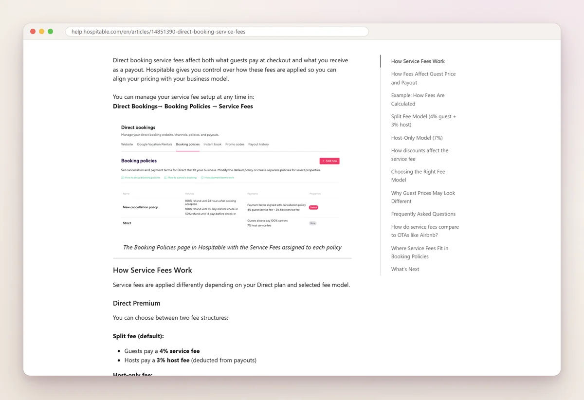 Hospitable Help Center article on direct booking service fees, showing the Booking policies screen in Hospitable and the split fee and host-only fee options