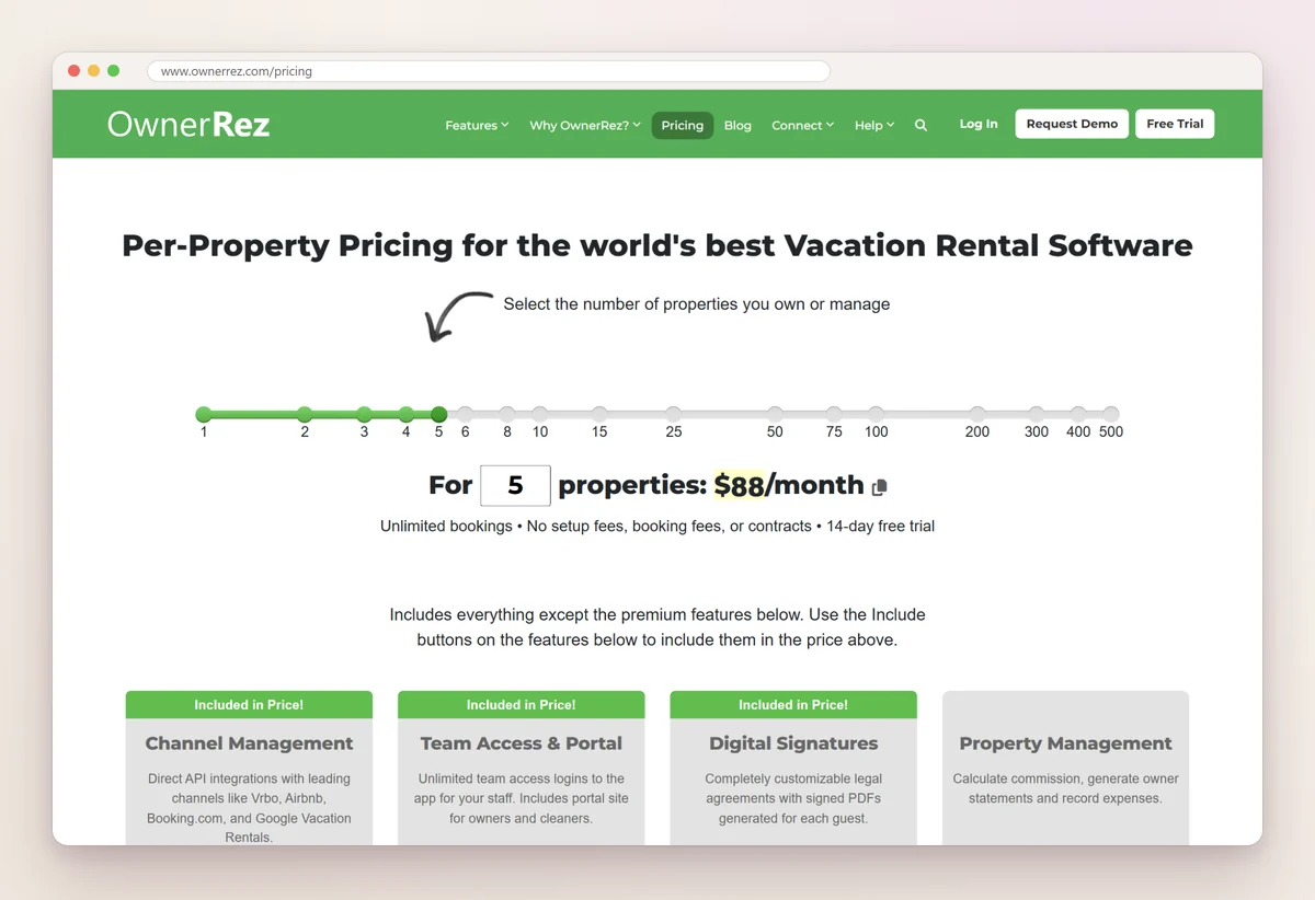 OwnerRez pricing page with a slider for the number of properties and the monthly price for that count