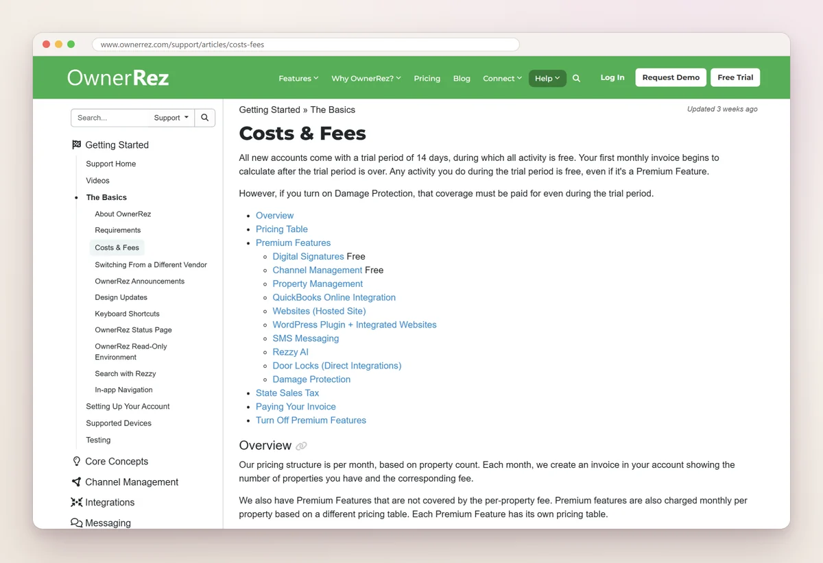OwnerRez support article Costs and Fees, listing premium features such as websites, damage protection and SMS messaging
