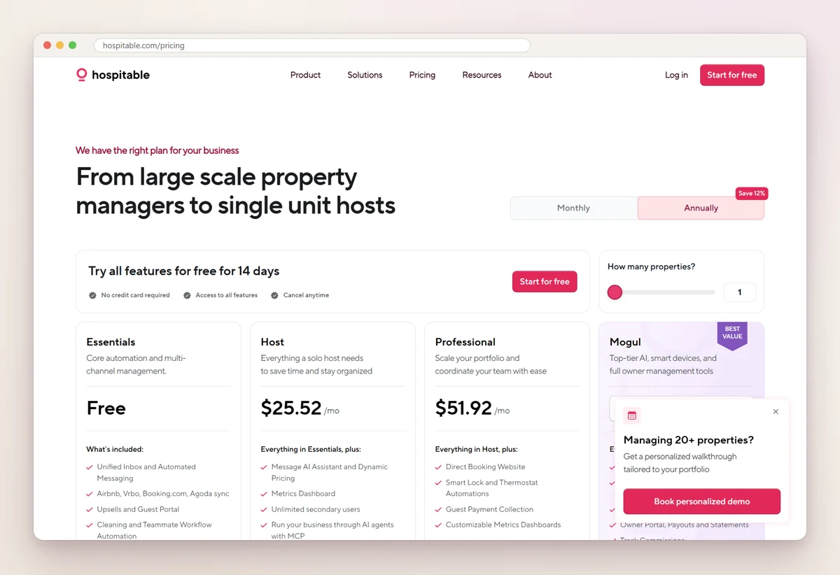 Hospitable pricing page with plans for single-unit hosts up to large property managers, priced by the number of properties