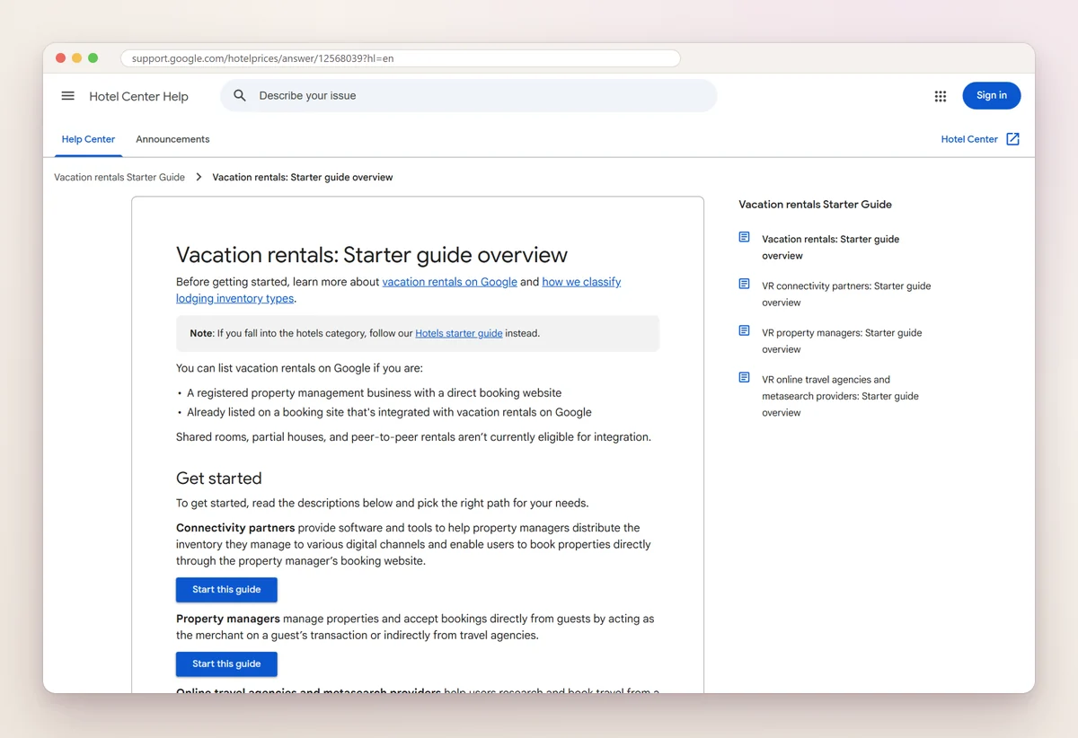Google Hotel Center Help page Vacation rentals starter guide overview, explaining who can list vacation rentals on Google