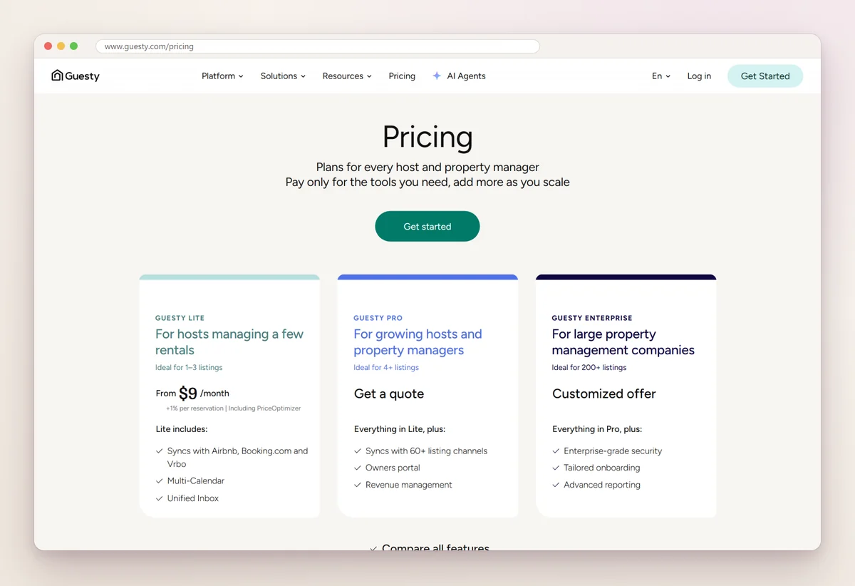 Guesty pricing page with three plans, from a plan for hosts with a few rentals to an enterprise plan for large managers