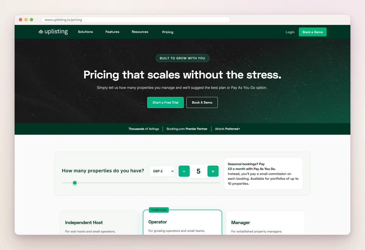 Uplisting pricing page headed Pricing that scales without the stress, with a property counter and plans for independent hosts, operators and managers