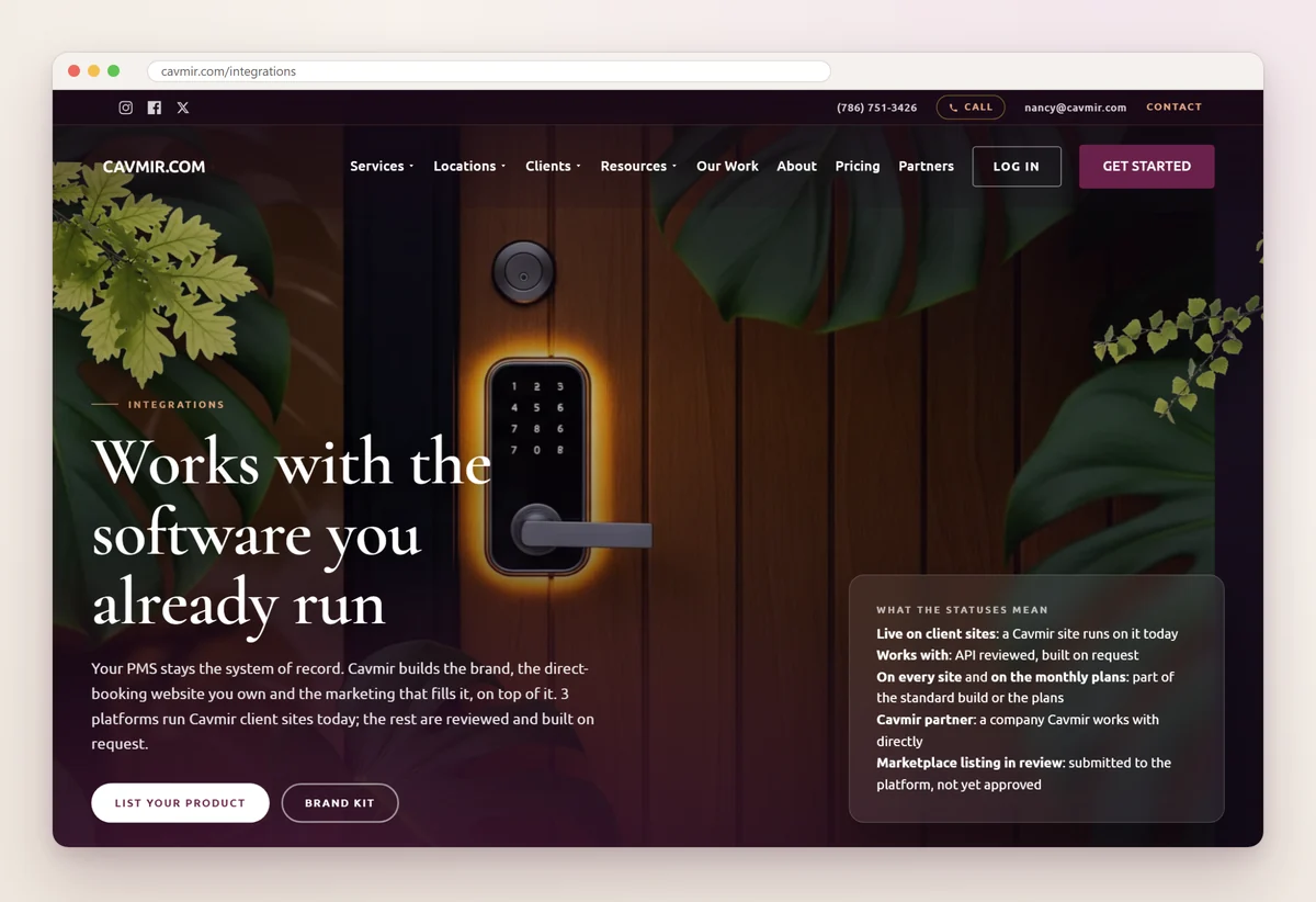 Cavmir's integrations page headed Works with the software you already run, with a smart lock photo and a key explaining each integration status