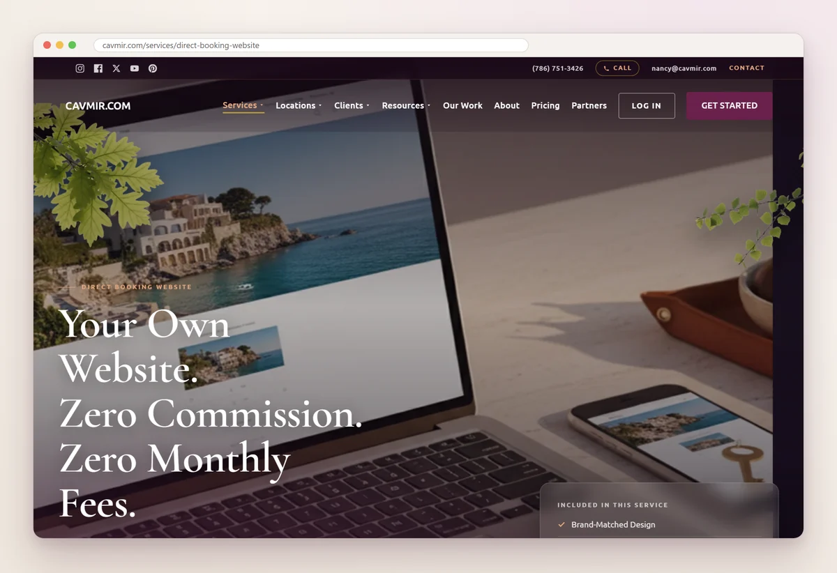 Cavmir's direct booking website service page with the headline Your own website. Zero commission. Zero monthly fees.