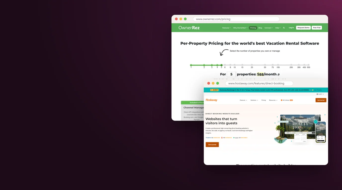 OwnerRez's pricing page in a browser window with Hostaway's direct booking website page in a second window in front of it, on a plum background